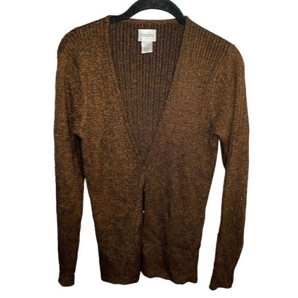 Chicos women’s brown copper, and black, long sleeve metallic button down Cardiga